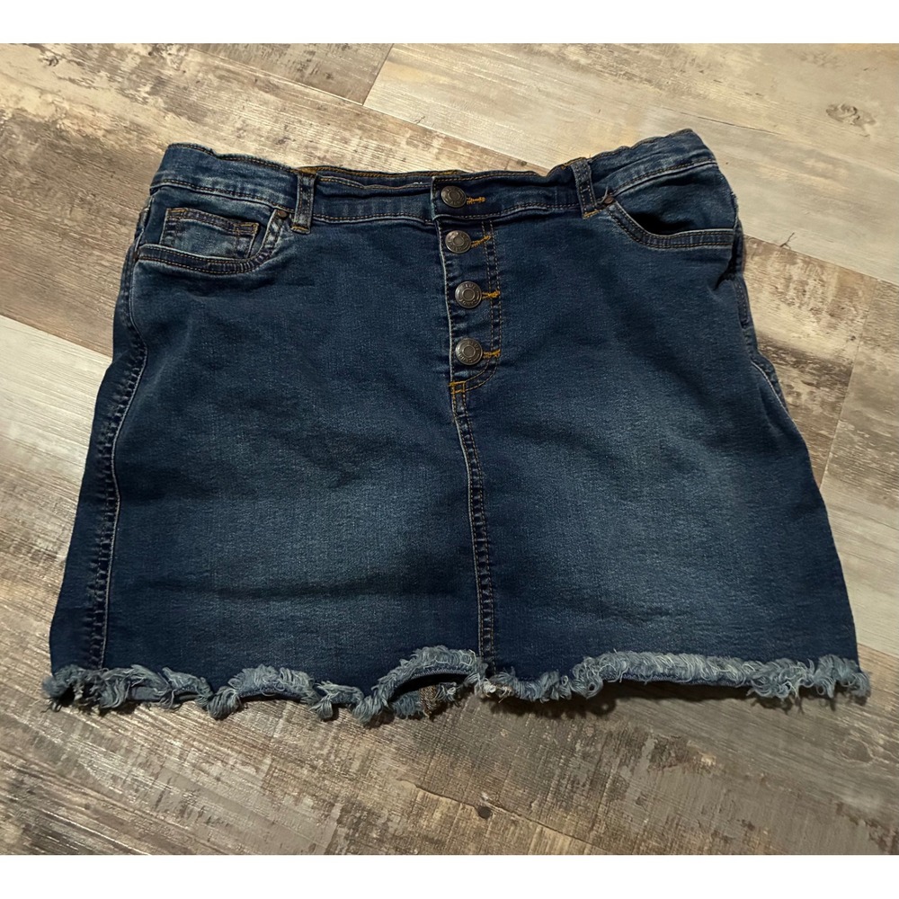 BlueCandy Denim Mini Skirt Womens XL Dark Wash Button Fly Frayed Hem Elastic